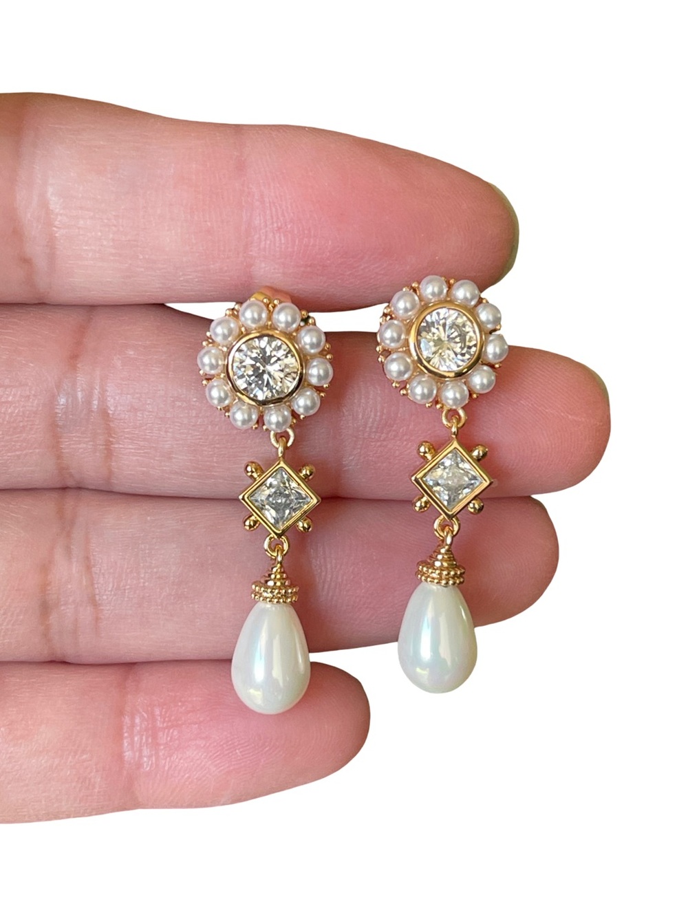 Pearl Drop Earrings with Clear Crystal Accents